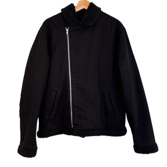 ASOS Bolongaro Trevor Borg Trim Denim Biker Jacket Size Medium Black Cotton Zip - Picture 2 of 9